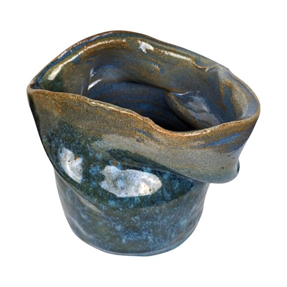 Handmade Blue Pottery Vase: Asymmetrical Ceramic Art, Signed - Picture 4 of 7